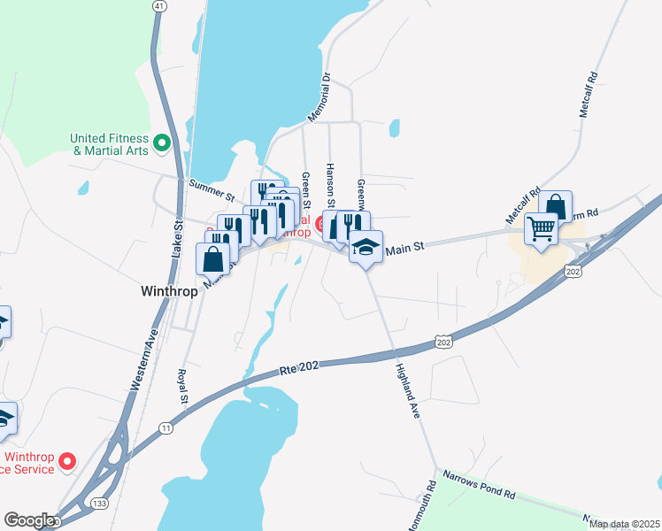 map of restaurants, bars, coffee shops, grocery stores, and more near 63 Main Street in Winthrop