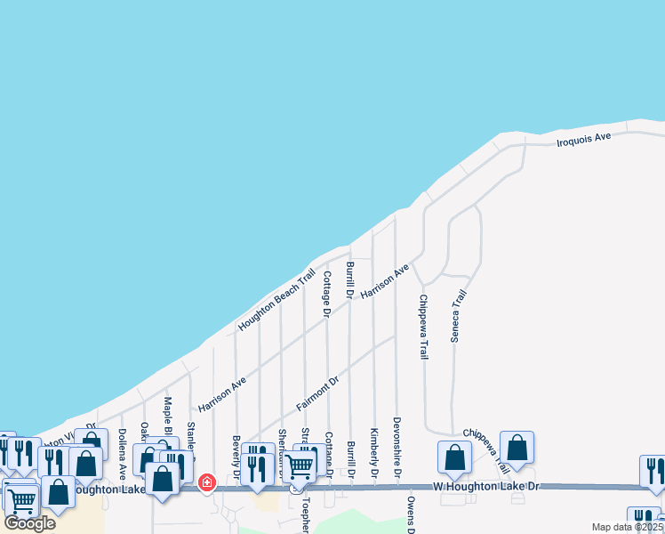 map of restaurants, bars, coffee shops, grocery stores, and more near Houghton Beach Trail in Denton Township