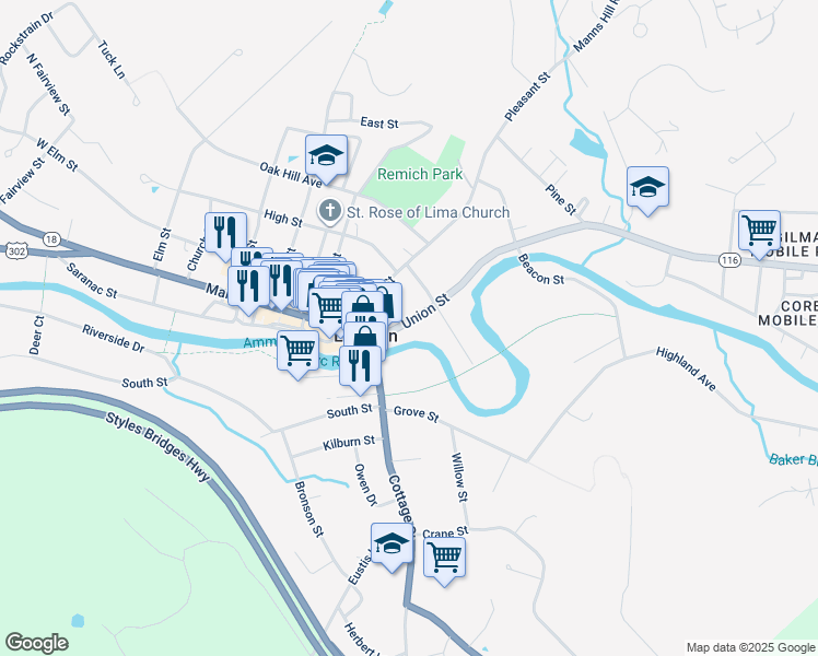 map of restaurants, bars, coffee shops, grocery stores, and more near 45 Union Street in Littleton