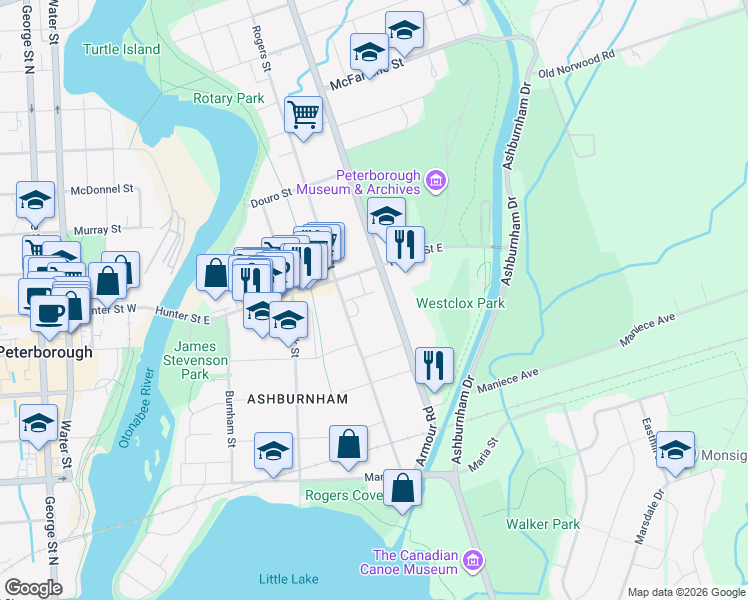 map of restaurants, bars, coffee shops, grocery stores, and more near in Peterborough