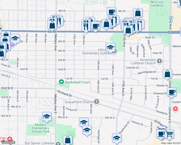 map of restaurants, bars, coffee shops, grocery stores, and more near 1313 2nd Street in Brookings