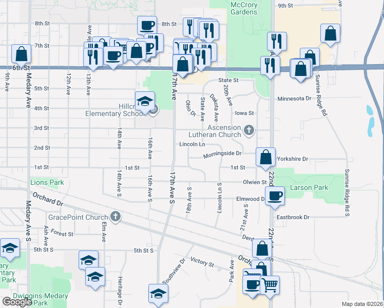 map of restaurants, bars, coffee shops, grocery stores, and more near 1701-1799 Lincoln Lane in Brookings