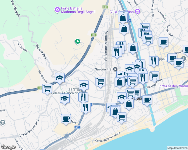 map of restaurants, bars, coffee shops, grocery stores, and more near 14 Via Fontanassa in Savona