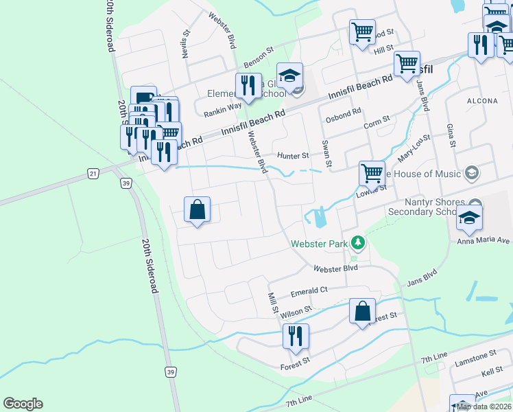 map of restaurants, bars, coffee shops, grocery stores, and more near 2055 Allison Street in Innisfil