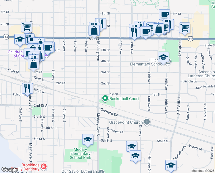 map of restaurants, bars, coffee shops, grocery stores, and more near 1017 2nd Street in Brookings