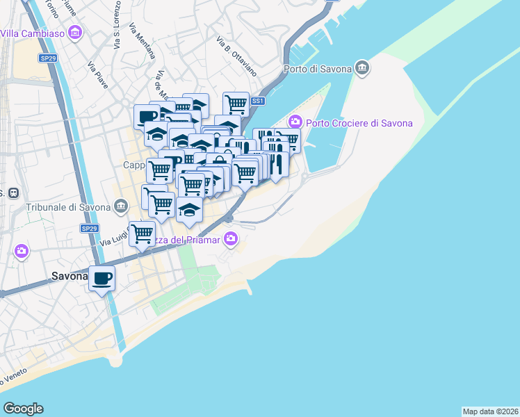 map of restaurants, bars, coffee shops, grocery stores, and more near 18 Via Calata Pietro Sbarbaro in Savona