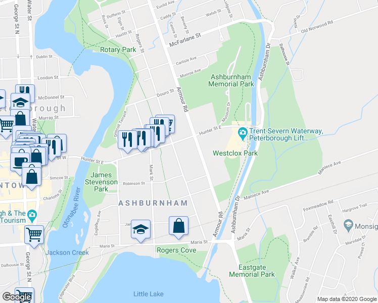 map of restaurants, bars, coffee shops, grocery stores, and more near in Peterborough