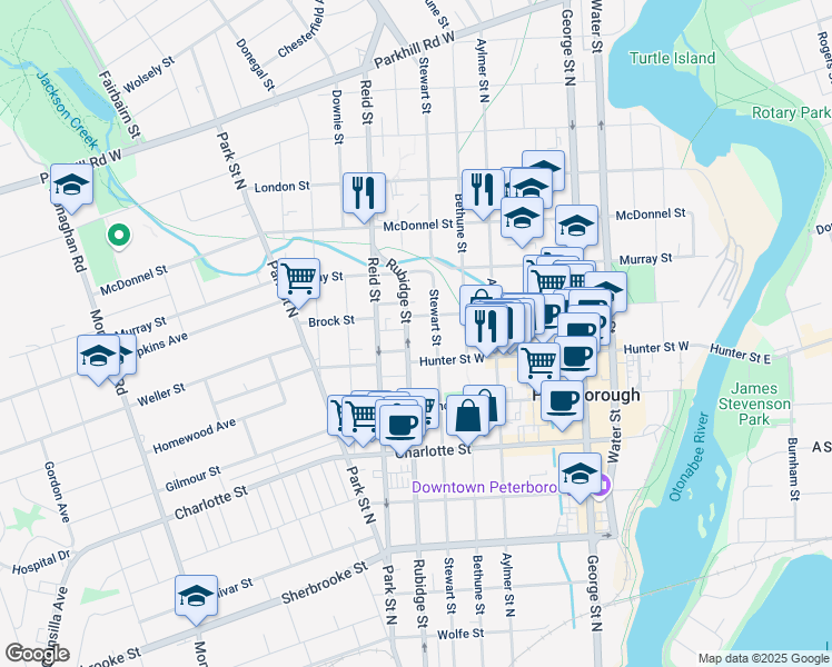map of restaurants, bars, coffee shops, grocery stores, and more near in Peterborough