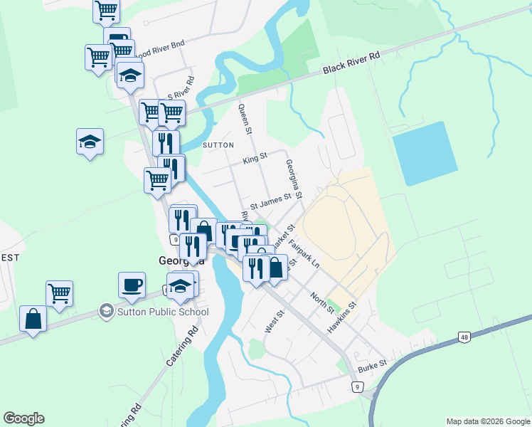map of restaurants, bars, coffee shops, grocery stores, and more near 81 Fairpark Lane in Georgina