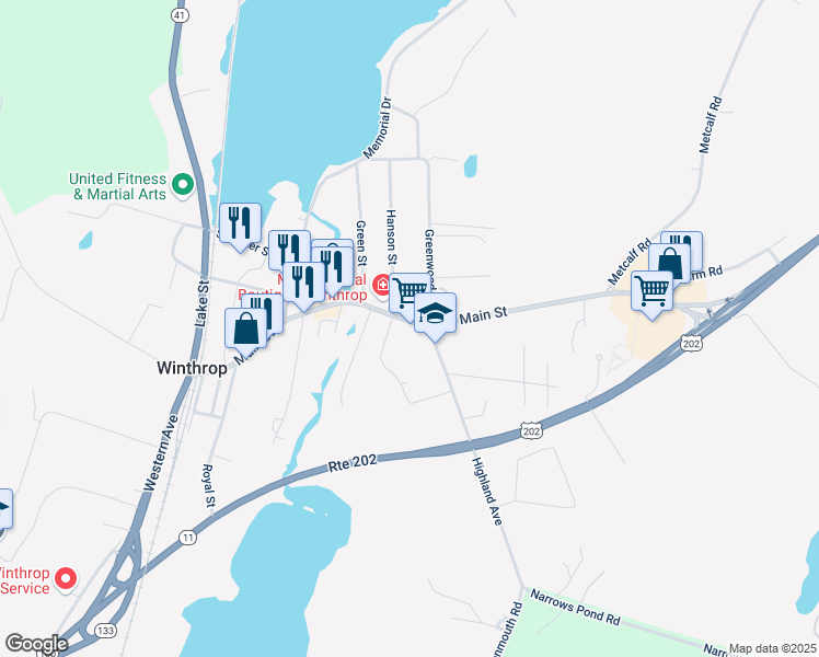 map of restaurants, bars, coffee shops, grocery stores, and more near 63 Main Street in Winthrop
