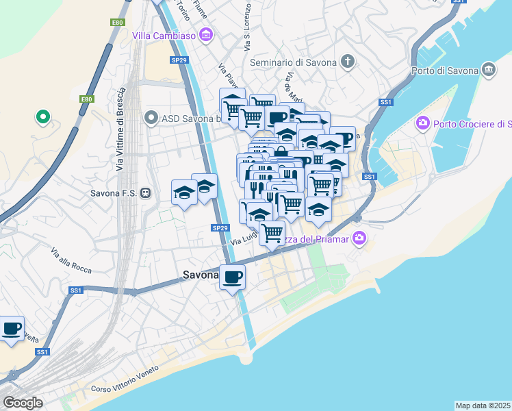 map of restaurants, bars, coffee shops, grocery stores, and more near 16 Via Bartolomeo Guidobono in Savona