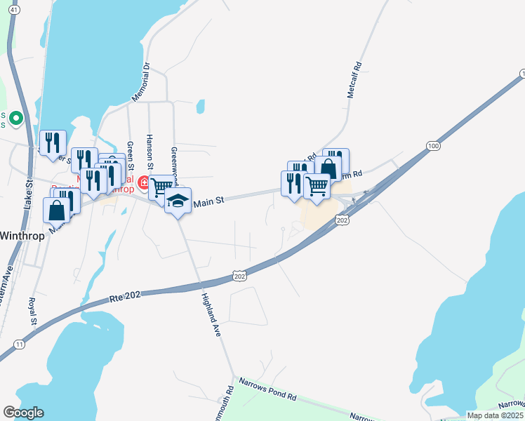 map of restaurants, bars, coffee shops, grocery stores, and more near 317 Main Street in Winthrop