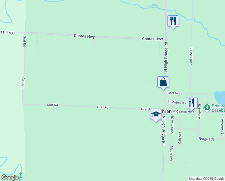 map of restaurants, bars, coffee shops, grocery stores, and more near 13664 Graf Road in Brethren