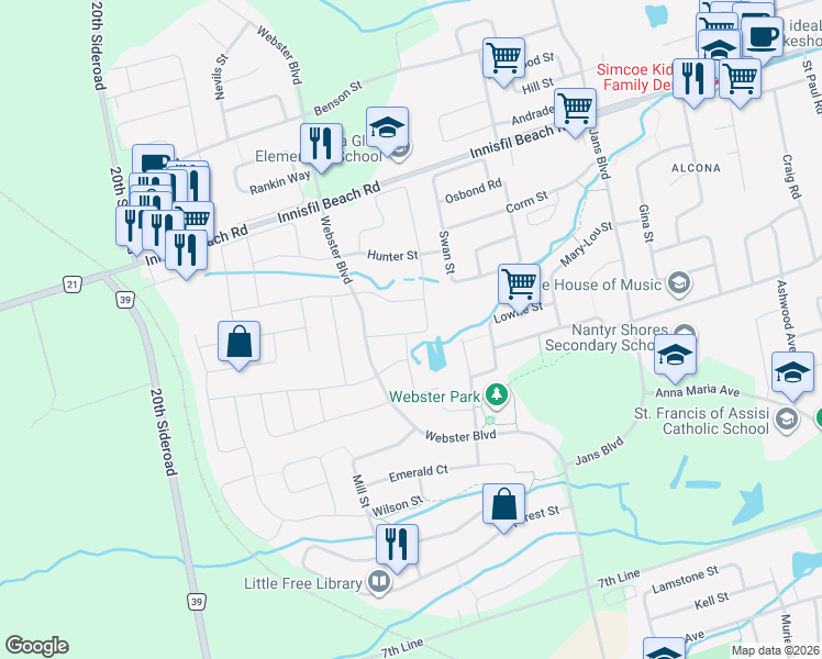 map of restaurants, bars, coffee shops, grocery stores, and more near 1307 Butler Street in Innisfil
