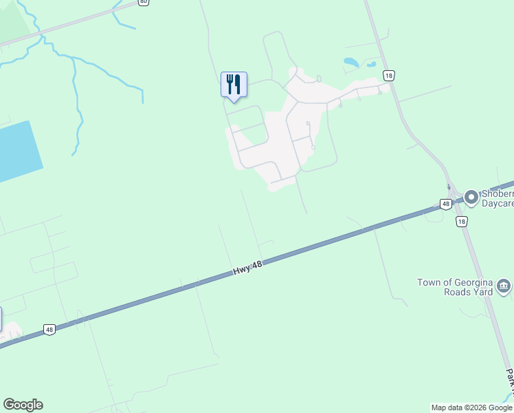 map of restaurants, bars, coffee shops, grocery stores, and more near 26598 Ontario 48 in Georgina
