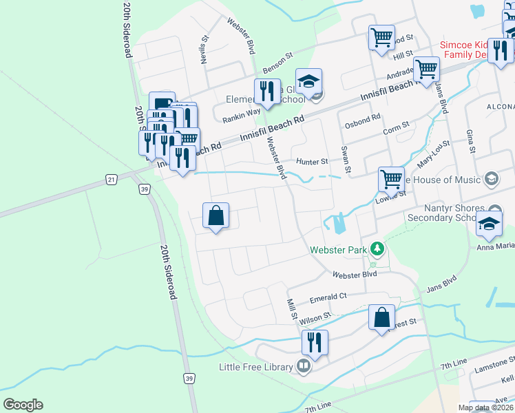 map of restaurants, bars, coffee shops, grocery stores, and more near McFadden Street in Innisfil