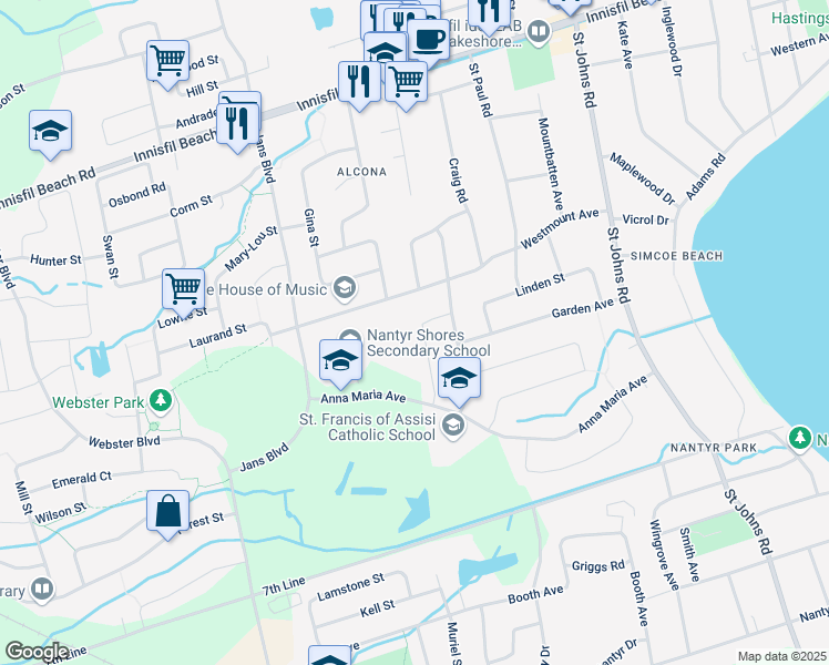 map of restaurants, bars, coffee shops, grocery stores, and more near 1938 Applewood Avenue in Innisfil