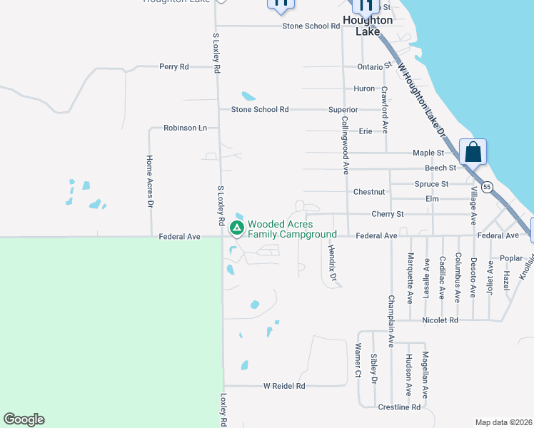 map of restaurants, bars, coffee shops, grocery stores, and more near 997 Federal Avenue in Houghton Lake