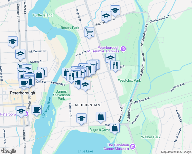 map of restaurants, bars, coffee shops, grocery stores, and more near in Peterborough