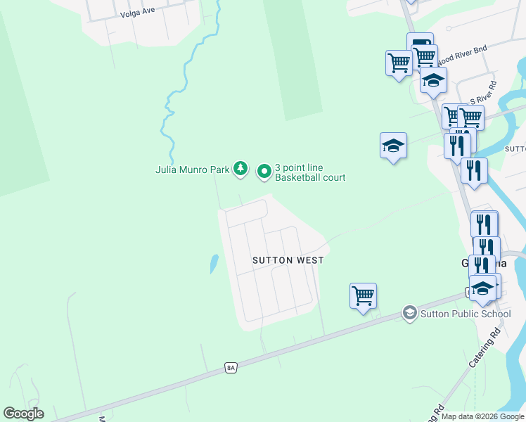 map of restaurants, bars, coffee shops, grocery stores, and more near 28 Timberbank Square in Georgina