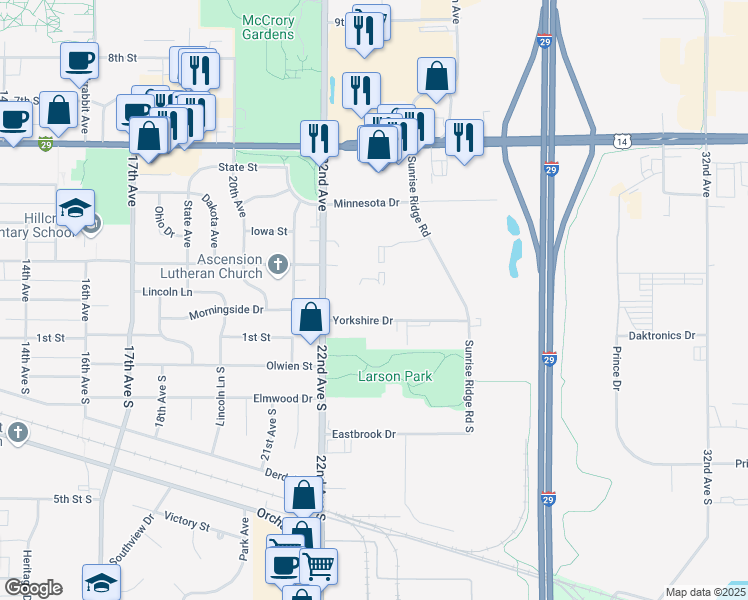 map of restaurants, bars, coffee shops, grocery stores, and more near 2311 Yorkshire Drive in Brookings