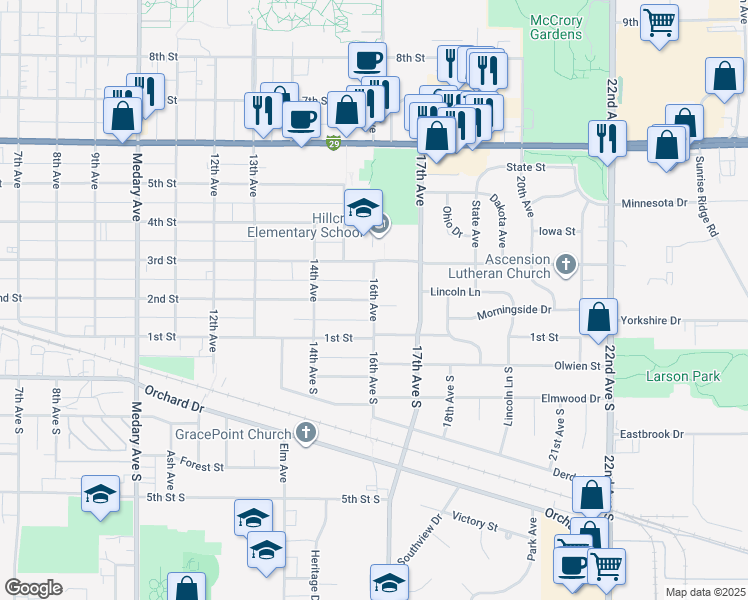 map of restaurants, bars, coffee shops, grocery stores, and more near 16th Avenue in Brookings