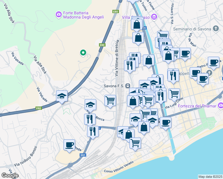 map of restaurants, bars, coffee shops, grocery stores, and more near 20 Via Vittime di Brescia in Savona
