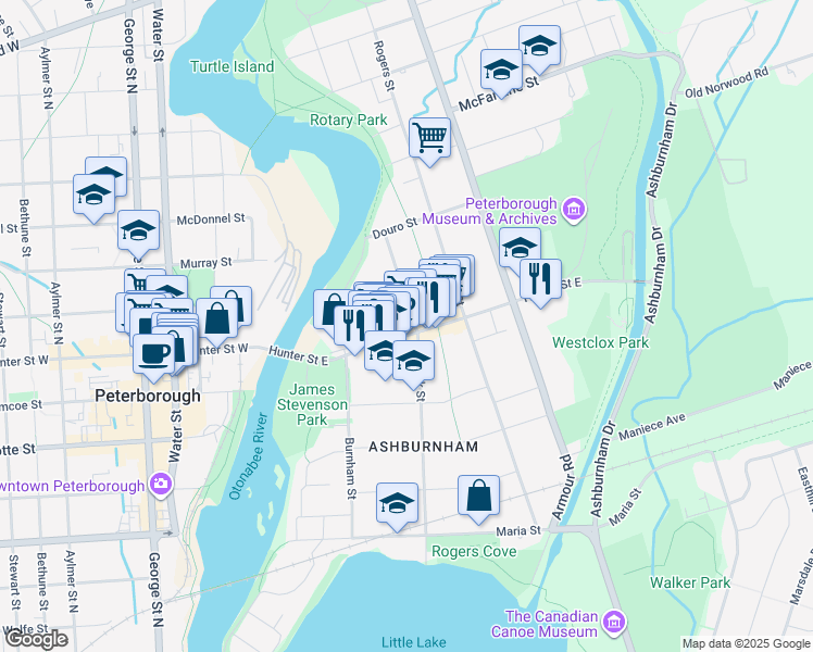 map of restaurants, bars, coffee shops, grocery stores, and more near 90 Hunter Street East in Peterborough