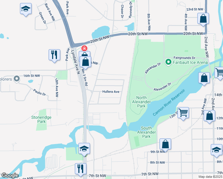 map of restaurants, bars, coffee shops, grocery stores, and more near 1407 Hullera Avenue in Faribault
