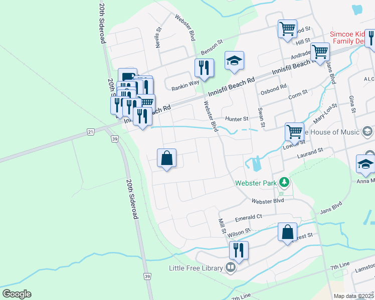 map of restaurants, bars, coffee shops, grocery stores, and more near 1386 Sheldon Street in Innisfil