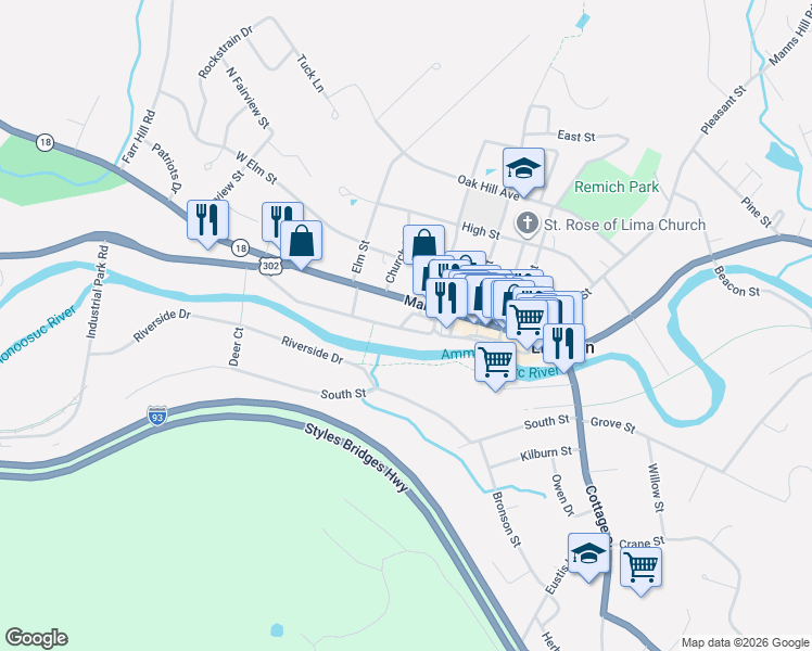 map of restaurants, bars, coffee shops, grocery stores, and more near 20 Saranac Street in Littleton