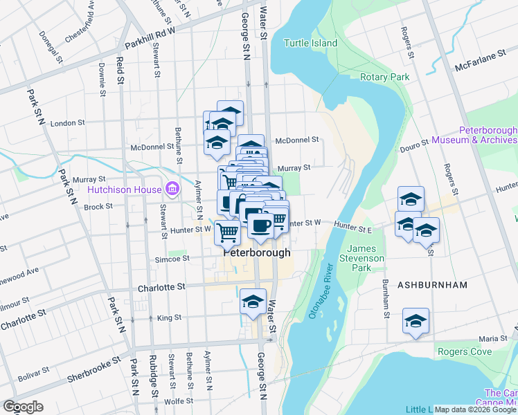 map of restaurants, bars, coffee shops, grocery stores, and more near 422 1/2 George Street North in Peterborough