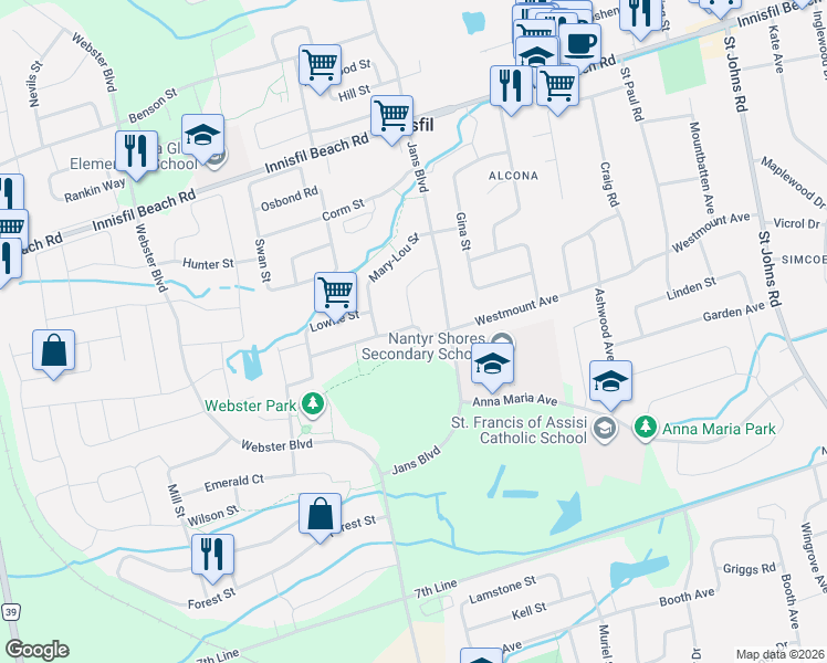 map of restaurants, bars, coffee shops, grocery stores, and more near 1167 Laurand Street in Innisfil