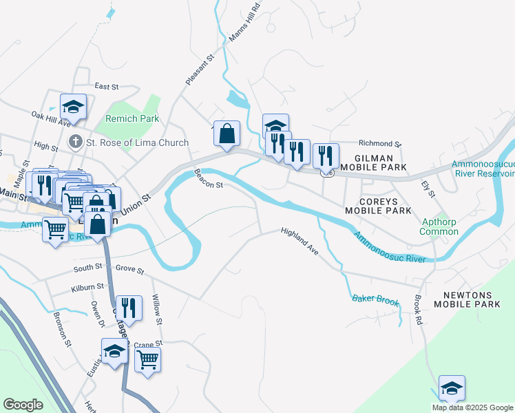 map of restaurants, bars, coffee shops, grocery stores, and more near 54 Beacon Street in Littleton