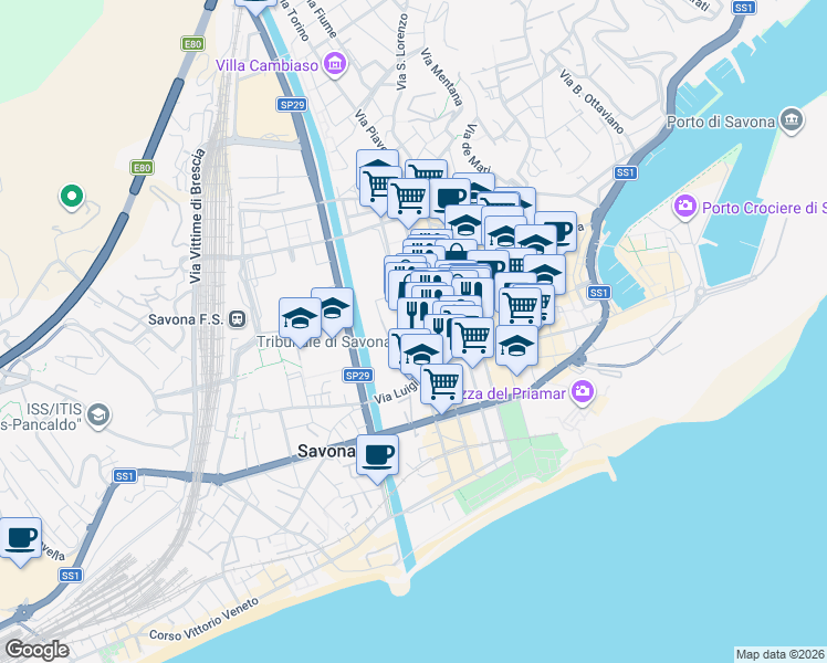 map of restaurants, bars, coffee shops, grocery stores, and more near 16 Via Bartolomeo Guidobono in Savona