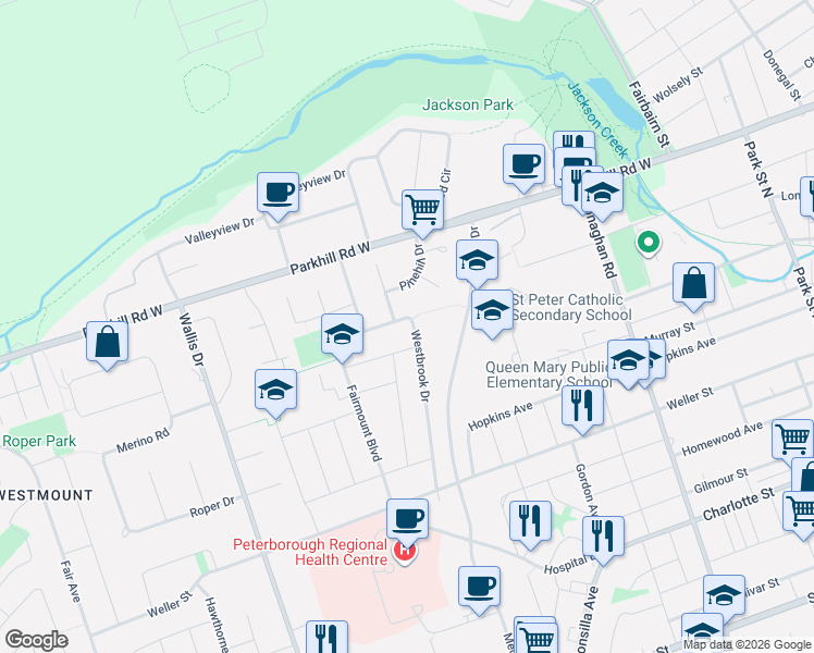 map of restaurants, bars, coffee shops, grocery stores, and more near 1559 Westbrook Drive in Peterborough