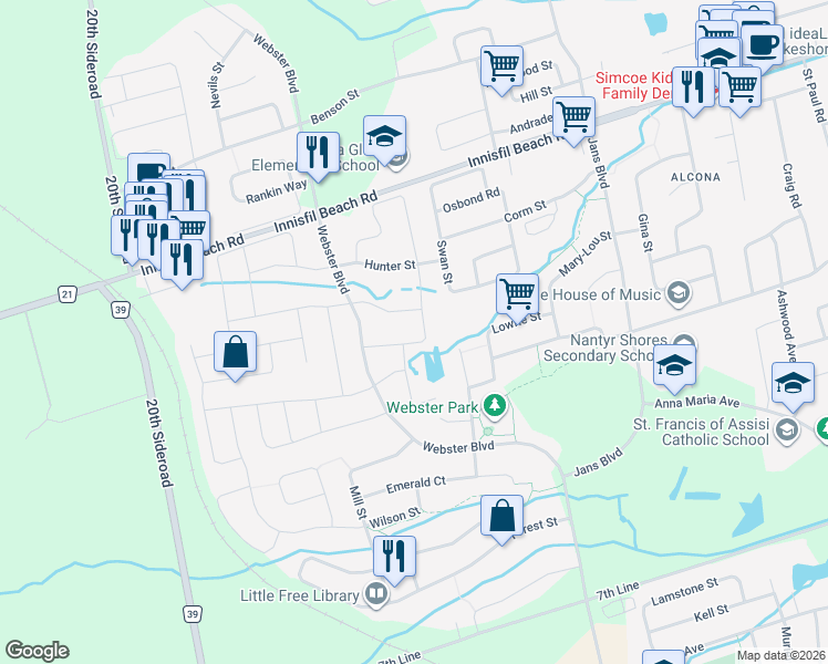 map of restaurants, bars, coffee shops, grocery stores, and more near 1307 Butler Street in Innisfil