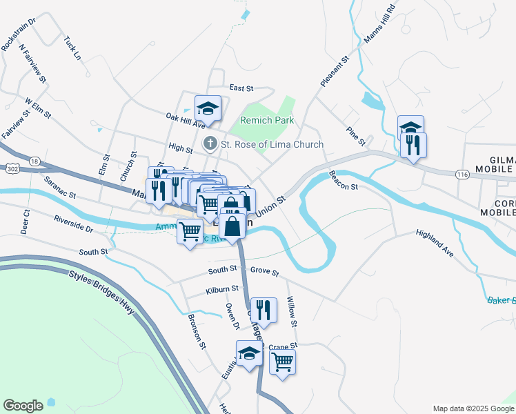 map of restaurants, bars, coffee shops, grocery stores, and more near 45 Union Street in Littleton