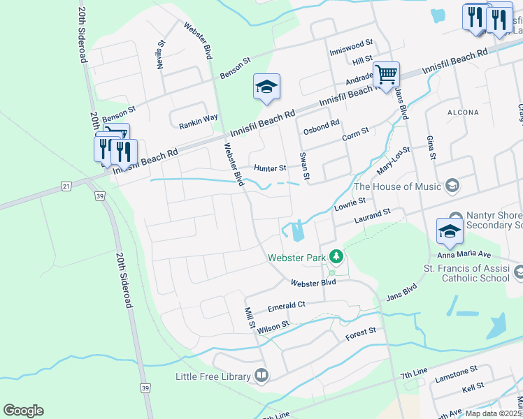 map of restaurants, bars, coffee shops, grocery stores, and more near 1331 Butler Street in Innisfil