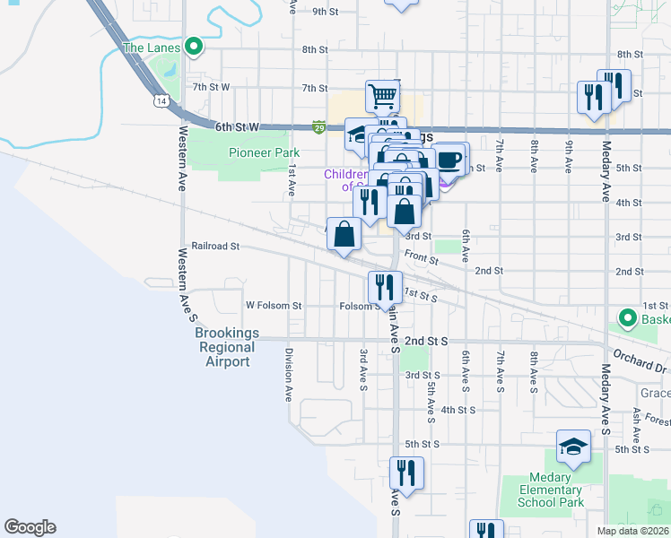 map of restaurants, bars, coffee shops, grocery stores, and more near 199 1st Street South in Brookings