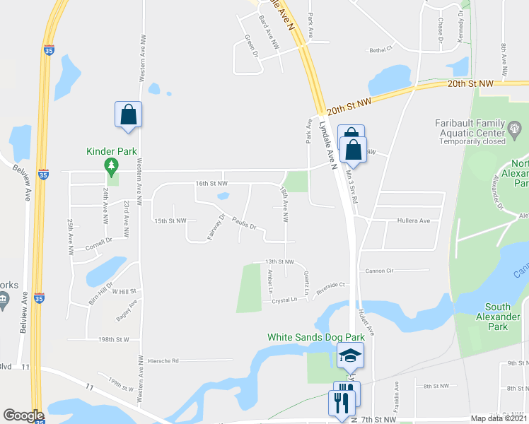 map of restaurants, bars, coffee shops, grocery stores, and more near 1807 Eagle Court in Faribault