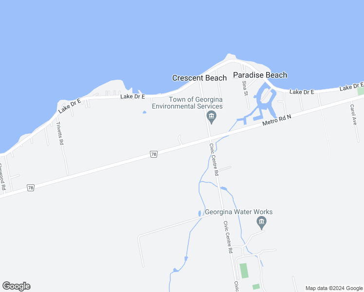 map of restaurants, bars, coffee shops, grocery stores, and more near Metro Road North in Georgina