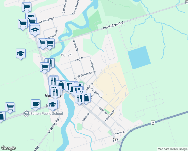 map of restaurants, bars, coffee shops, grocery stores, and more near 8 Georgina Street in Georgina