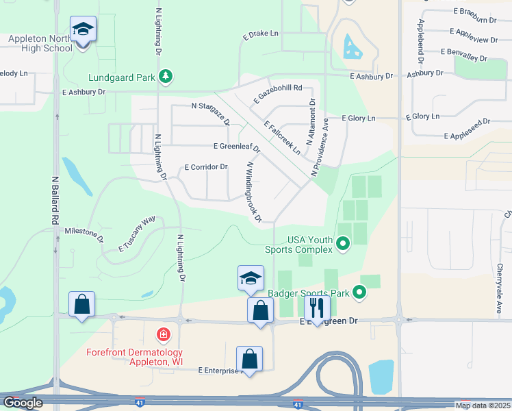 map of restaurants, bars, coffee shops, grocery stores, and more near 4416 North Windingbrook Drive in Appleton