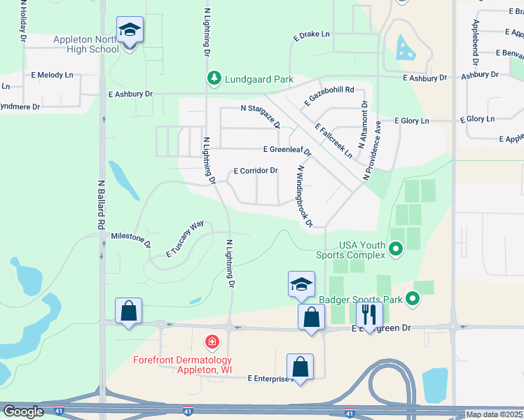 map of restaurants, bars, coffee shops, grocery stores, and more near 2809 East Glenhurst Lane in Appleton