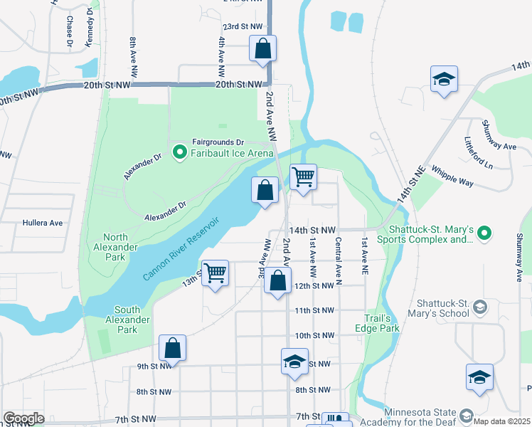 map of restaurants, bars, coffee shops, grocery stores, and more near 1500 2nd Avenue Northwest in Faribault