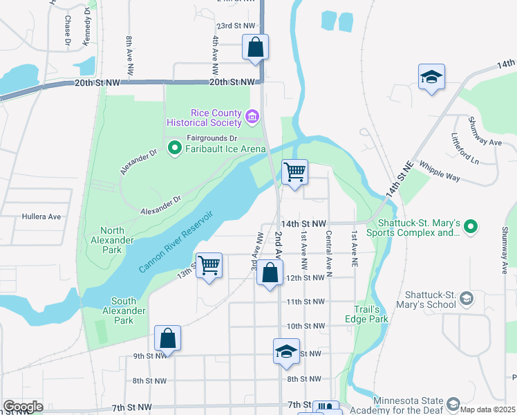 map of restaurants, bars, coffee shops, grocery stores, and more near 1500 2nd Avenue Northwest in Faribault