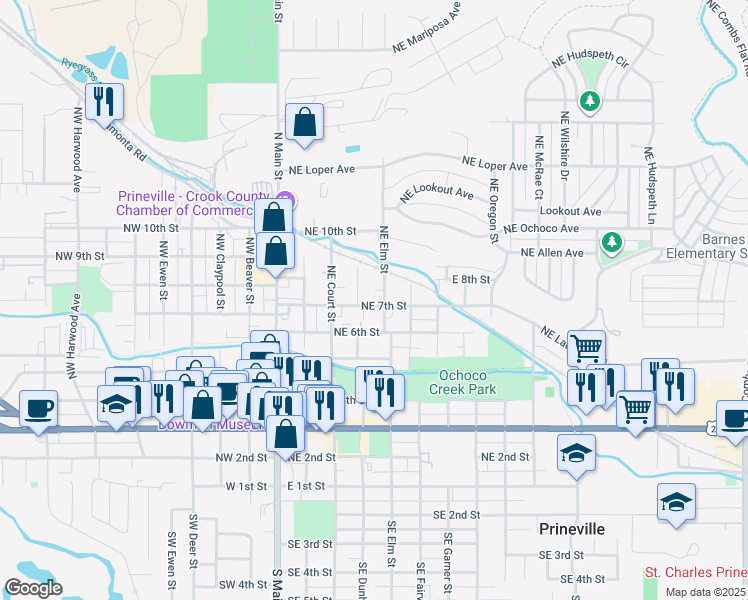 map of restaurants, bars, coffee shops, grocery stores, and more near 465 Northeast 7th Street in Prineville
