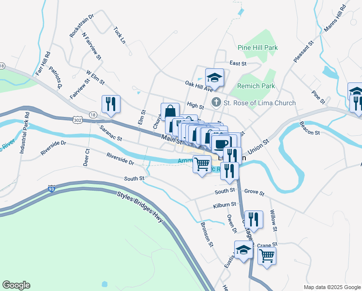 map of restaurants, bars, coffee shops, grocery stores, and more near 125 Main Street in Littleton