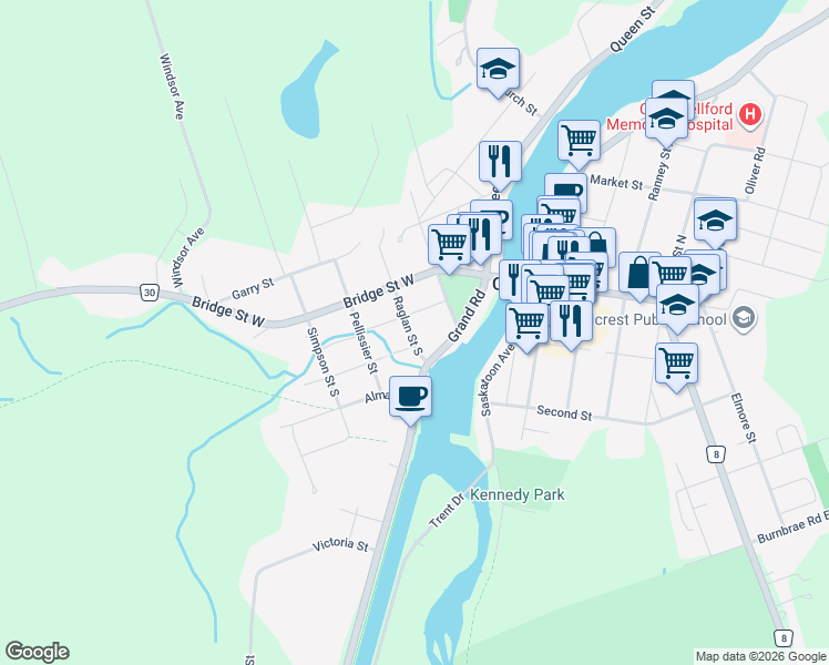 map of restaurants, bars, coffee shops, grocery stores, and more near 39 Raglan Street South in Campbellford